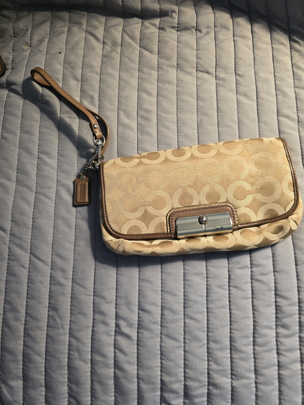 Coach Beige Signature 'C' Wristlet with Tan Trim